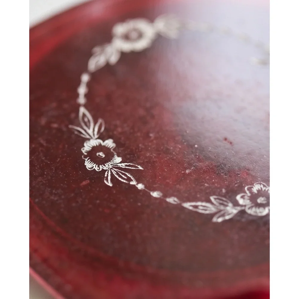 Vintage‎ 60s 70s Hand Mirror Art Deco Floral Red Lucite Made in USA